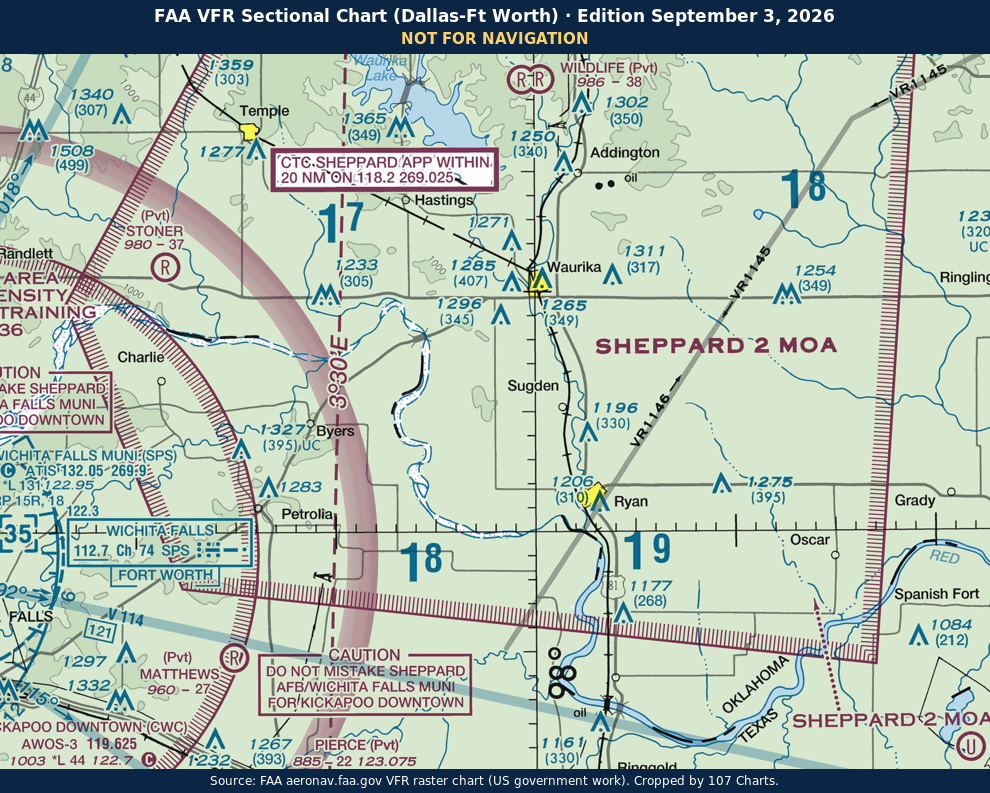 FAA sectional excerpt northeast of Wichita Falls showing the Sheppard 2 MOA